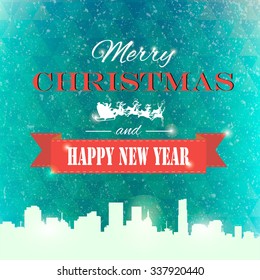 Winter background with snow city. New year and christmas greeting card. Vector