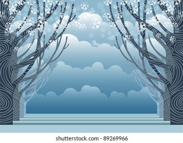 winter background with snow clouds and naked trees