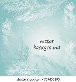 Winter background with snow and coniferous branches. Template for text.