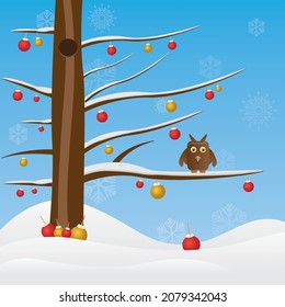 Winter background with snow covered tree and Christmas toy - Vector illustration