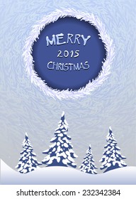 Winter Background. Snow Drifts, Snowfall and Christmas Trees in the distance. Holiday Vector Illustration with Snowflakes, Sky and Xmas Label. card