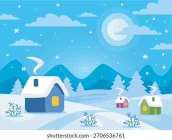 Fondo de invierno. La nieve está cayendo. Viejas casas al fondo. Ilustración plana.