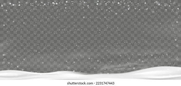 Winter background with snow falling on transparent background, Vector  Christmas banner with snowflakes in different shapes on snowdrifts.Holiday backdrop for Merry Christmas and Happy New Year 2023