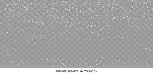 Winter background with snow falling on transparent background, Vector  Christmas banner with snowflakes in different shapes on snowdrifts.Holiday backdrop for Merry Christmas and Happy New Year 2024