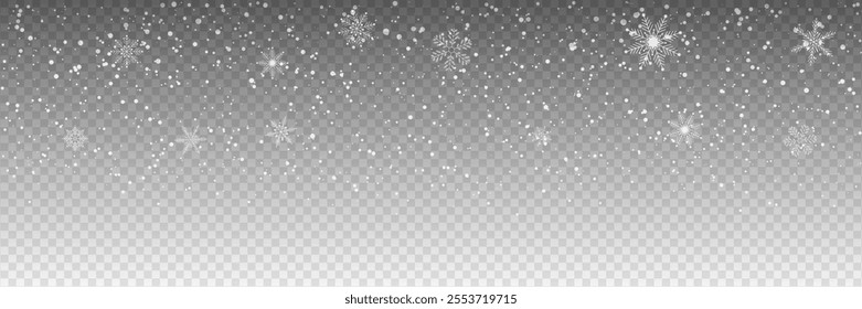 Winter Background with Snow Falling and Snowflakes for Christmas, New Year Holidays, Celebration, Seasonal Events, Decorations, and Festive Designs Frosty Landscapes. Transparent vector illustration