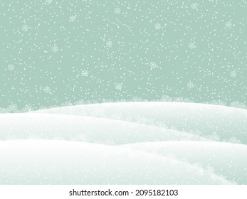 Winter background. Snow falls and creates drifts. New year card with copy space. The poster is blue with white snowflakes. Festive Christmas banner. Vector.