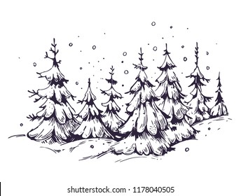 Winter background with  snow and fir-trees. Hand drawn illustration converted to vector.