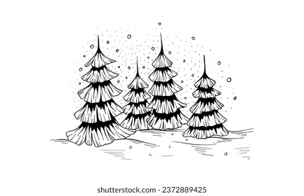 Fondo invernal con nieve y abetos. Ilustración dibujada por mano