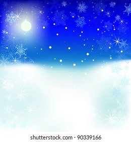 Winter background with snow flakes and moon