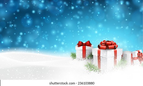 Winter background with snow. Gift boxes. Christmas blue defocused illustration. Eps10 vector. 