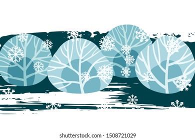 Winter background with snow laden trees and snowflakes. Christmas and New Year vector illustration