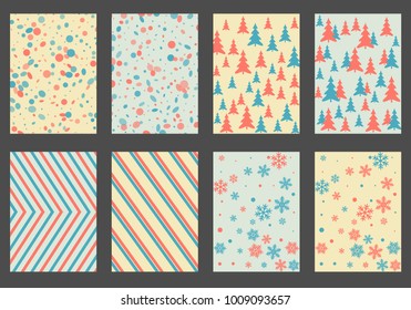 Winter background snow pattern, halftone texture, christmas tree silhouette, confetti explosion. Winter Christmas backgrounds, snow flakes isolated, halftone, circle confetti textures, fir trees cards