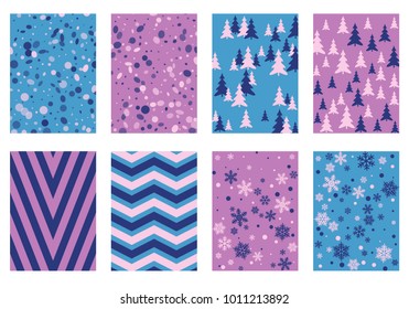 Winter background snow pattern, halftone texture, christmas tree silhouette, confetti explosion. Winter Christmas backgrounds, snow flakes isolated, halftone, circle confetti textures, fir trees cards