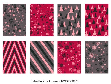 Winter background snow pattern, halftone texture, christmas tree silhouette, confetti explosion. Winter Christmas backgrounds, snow flakes isolated, halftone, circle confetti textures, fir trees cards