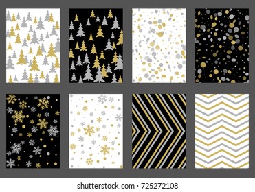 Winter background snow pattern, halftone texture, christmas tree silhouette, confetti explosion. Winter Christmas backgrounds, snow flakes isolated, halftone, circle confetti textures, fir trees cards