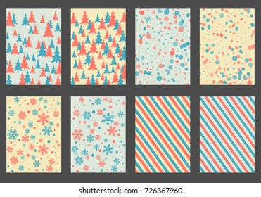 Winter background snow pattern, halftone texture, christmas tree silhouette, confetti explosion. Winter Christmas backgrounds, snow flakes isolated, halftone, circle confetti textures, fir trees cards