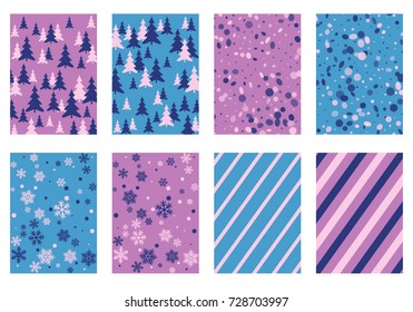 Winter background snow pattern, halftone texture, christmas tree silhouette, confetti explosion. Winter Christmas backgrounds, snow flakes isolated, halftone, circle confetti textures, fir trees cards