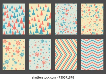 Winter background snow pattern, halftone texture, christmas tree silhouette, confetti explosion. Winter Christmas backgrounds, snow flakes isolated, halftone, circle confetti textures, fir trees cards