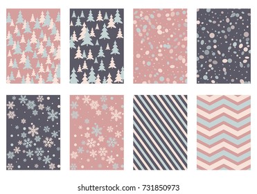 Winter background snow pattern, halftone texture, christmas tree silhouette, confetti explosion. Winter Christmas backgrounds, snow flakes isolated, halftone, circle confetti textures, fir trees cards