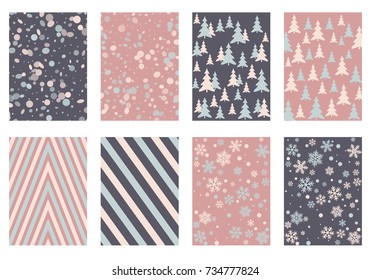 Winter background snow pattern, halftone texture, christmas tree silhouette, confetti explosion. Winter Christmas backgrounds, snow flakes isolated, halftone, circle confetti textures, fir trees cards