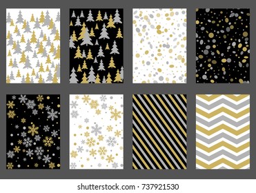 Winter background snow pattern, halftone texture, christmas tree silhouette, confetti explosion. Winter Christmas backgrounds, snow flakes isolated, halftone, circle confetti textures, fir trees cards