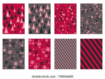 Winter background snow pattern, halftone texture, christmas tree silhouette, confetti explosion. Winter Christmas backgrounds, snow flakes isolated, halftone, circle confetti textures, fir trees cards
