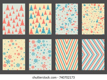 Winter background snow pattern, halftone texture, christmas tree silhouette, confetti explosion. Winter Christmas backgrounds, snow flakes isolated, halftone, circle confetti textures, fir trees cards