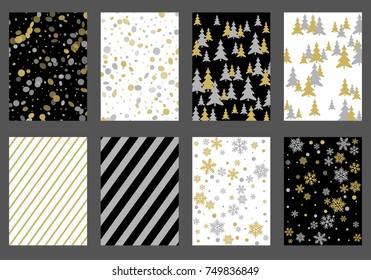 Winter background snow pattern, halftone texture, christmas tree silhouette, confetti explosion. Winter Christmas backgrounds, snow flakes isolated, halftone, circle confetti textures, fir trees cards