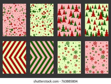 Winter background snow pattern, halftone texture, christmas tree silhouette, confetti explosion. Winter Christmas backgrounds, snow flakes isolated, halftone, circle confetti textures, fir trees cards