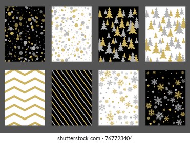 Winter background snow pattern, halftone texture, christmas tree silhouette, confetti explosion. Winter Christmas backgrounds, snow flakes isolated, halftone, circle confetti textures, fir trees cards