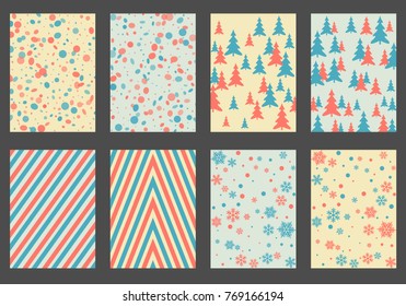 Winter background snow pattern, halftone texture, christmas tree silhouette, confetti explosion. Winter Christmas backgrounds, snow flakes isolated, halftone, circle confetti textures, fir trees cards