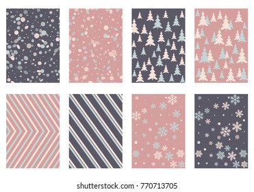 Winter background snow pattern, halftone texture, christmas tree silhouette, confetti explosion. Winter Christmas backgrounds, snow flakes isolated, halftone, circle confetti textures, fir trees cards