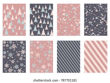Winter background snow pattern, halftone texture, christmas tree silhouette, confetti explosion. Winter Christmas backgrounds, snow flakes isolated, halftone, circle confetti textures, fir trees cards