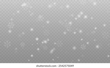 Fundo de inverno com neve em flocos de neve em queda transparente. Flocos de neve de Natal em um fundo transparente. Queda de neve. Cartão de Natal ou Ano Novo. Flocos de neve em queda