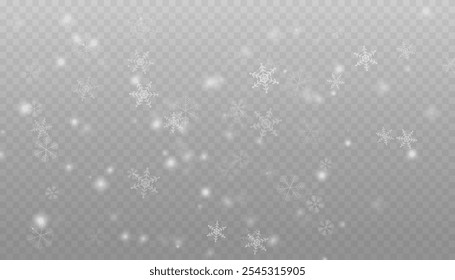 Winter background with snow in transparent Falling Snowflakes. Christmas snowflakes on a transparent background. Snowfall. Christmas or New Year card. Falling Snowflakes