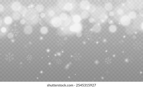 Winter background with snow in transparent Falling Snowflakes. Christmas snowflakes on a transparent background. Snowfall. Christmas or New Year card. Falling Snowflakes