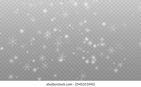 Winter background with snow in transparent Falling Snowflakes. Christmas snowflakes on a transparent background. Snowfall. Christmas or New Year card. Falling Snowflakes