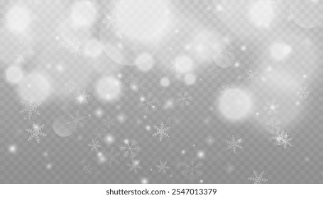 Winter background with snow in transparent Falling Snowflakes. Christmas snowflakes on a transparent background. Snowfall. Christmas or New Year card. Falling Snowflakes