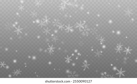 Winterhintergrund mit Schnee auf transparentem Falling Snowflakes. Weihnachtsschneeflocken auf transparentem Hintergrund. Schneefall. Weihnachts- oder Neujahrskarte Schneeflocken