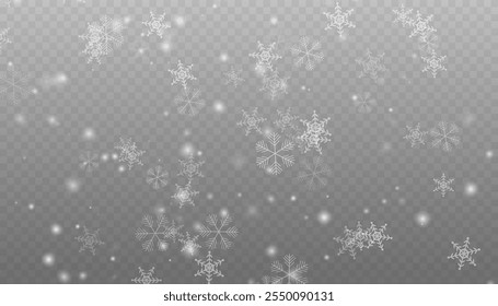 Winter background with snow in transparent Falling Snowflakes. Christmas snowflakes on a transparent background. Snowfall. Christmas or New Year card. Falling Snowflakes