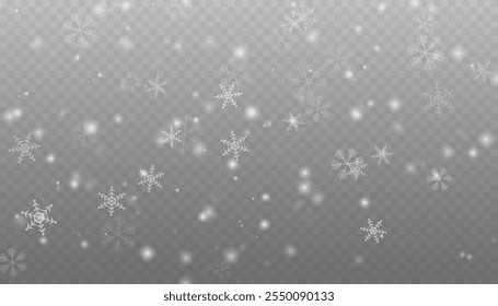 Winterhintergrund mit Schnee auf transparentem Falling Snowflakes. Weihnachtsschneeflocken auf transparentem Hintergrund. Schneefall. Weihnachts- oder Neujahrskarte Schneeflocken