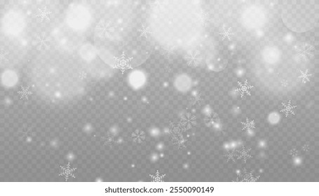 Fundo de inverno com neve em flocos de neve em queda transparente. Flocos de neve de Natal em um fundo transparente. Queda de neve. Cartão de Natal ou Ano Novo. Flocos de neve em queda