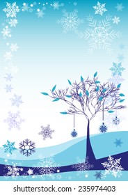 Winter background with snow tree and different snowflakes 2016. Vector illustration