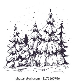 Winter background with  snow and trees. Hand drawn illustration converted to vector.