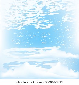 Winterhintergrund, schneebedeckte Berge, weiße Wolken auf sanft blauem Hintergrund - Kunstgrafik - Vektorgrafik. Neujahr. Weihnachten.