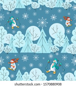 Winter background. Snow-covered forest, snowmen are skiing. Snowflakes. Seamless pattern. Snow background with fir trees, trees, bushes and red deers. Minimalist style, cool colors.