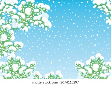 Winter background with snow-covered green fir-tree branches on a snowy and frosty day, vector cartoon illustration
