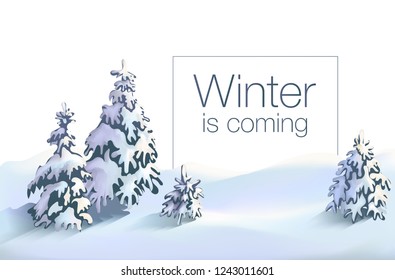 Winter background with snowdrift and fir trees in vector. Banner, winter scene, winter sales, blizzard, snow, winter is coming, snowflakes.