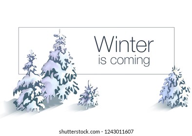 Winter background with snowdrift and fir trees in vector. Banner, winter scene, winter sales, blizzard, snow, winter is coming, snowflakes.