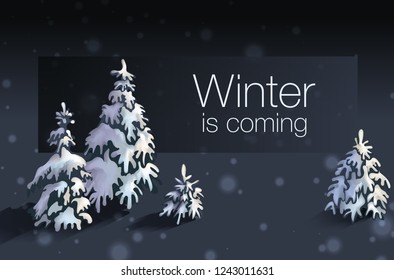 Winter background with snowdrift and fir trees in vector. Banner, winter scene, winter sales, blizzard, winter is coming, snow, snowflakes.